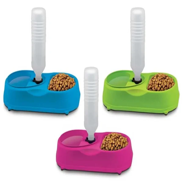 Plato 2 en 1 para mascotas con dispensador de agua en colores azul, verde y rosado