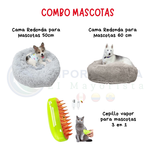 Combo Mascotas: Cama Redonda 50cm, Cama Redonda 60cm y Cepillo Vapor 3 en 1