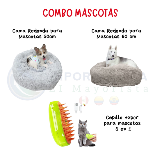 Combo Mascotas: Cama Redonda 50cm, Cama Redonda 60cm y Cepillo Vapor 3 en 1